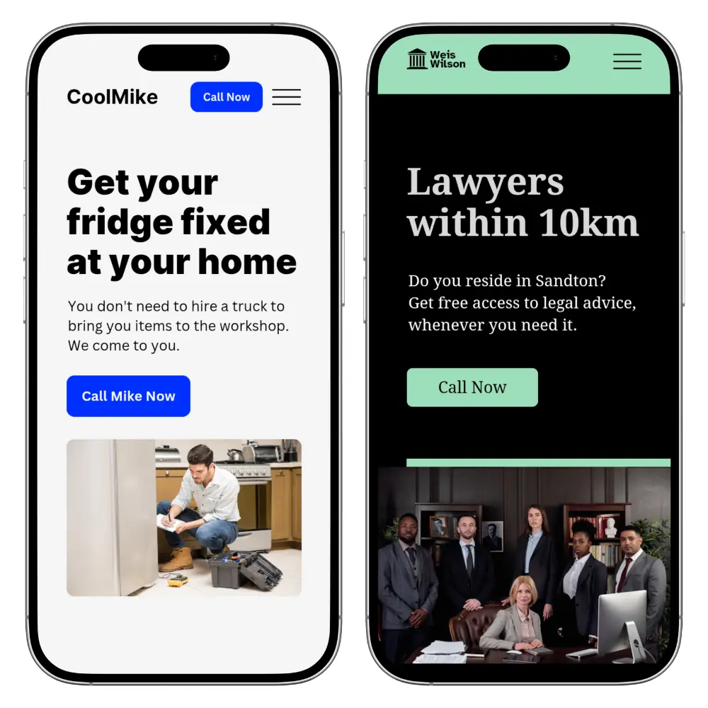 2 mobile-friendly website mock-ups on mobile devices/smartphones